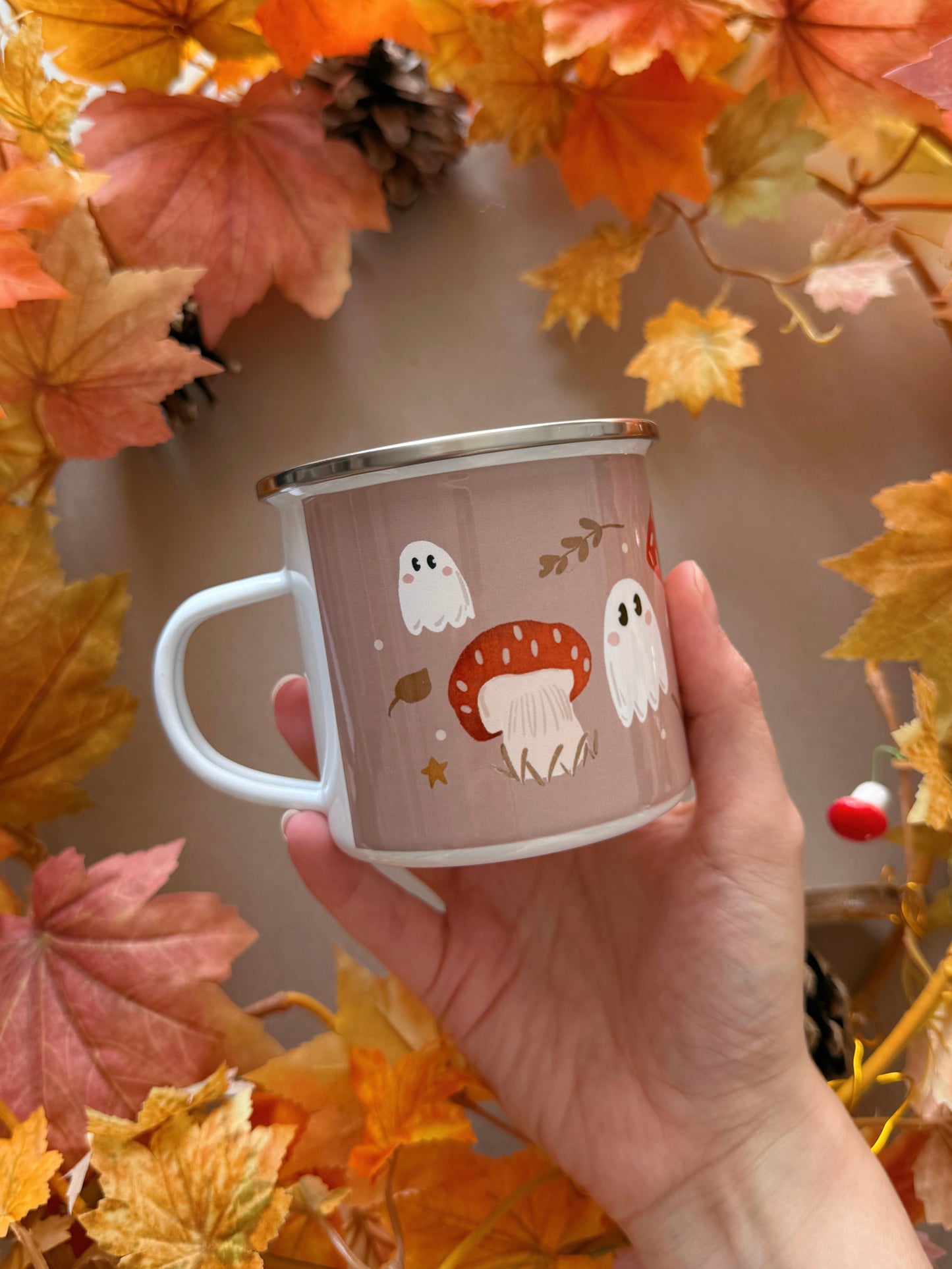 Mushroom Ghost Enamel Mug - Tan