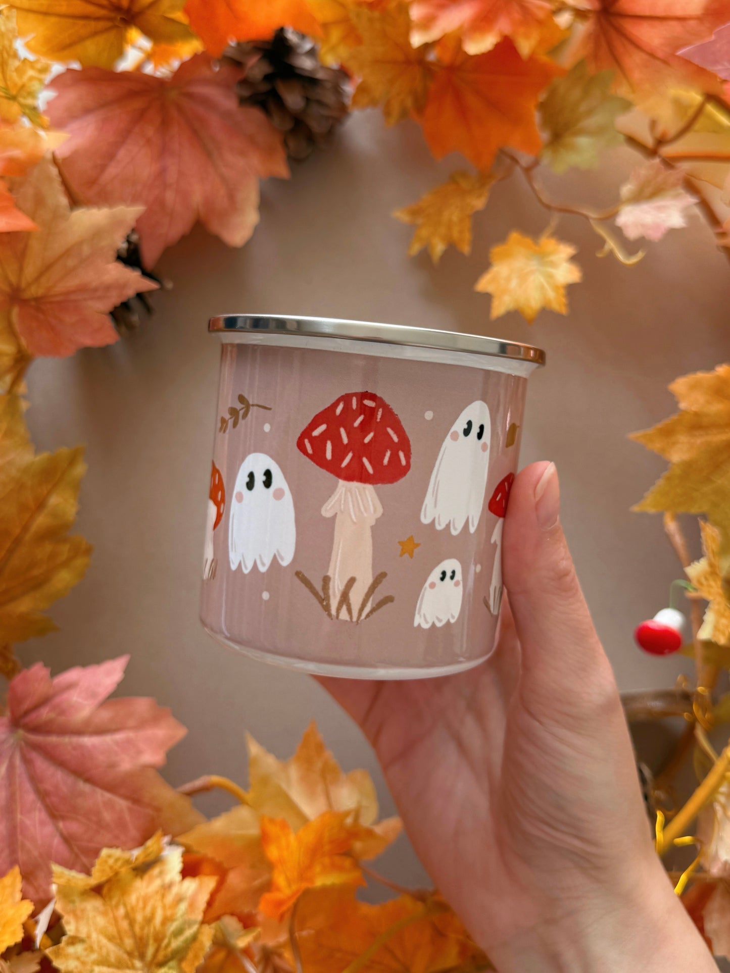 Mushroom Ghost Enamel Mug - Tan