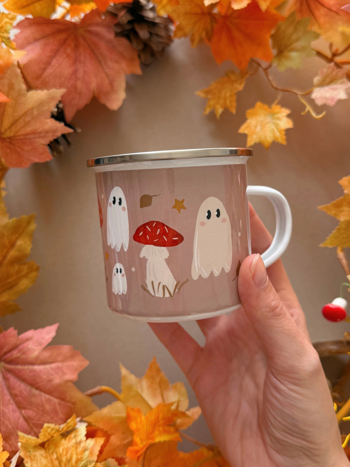 Mushroom Ghost Enamel Mug - Tan