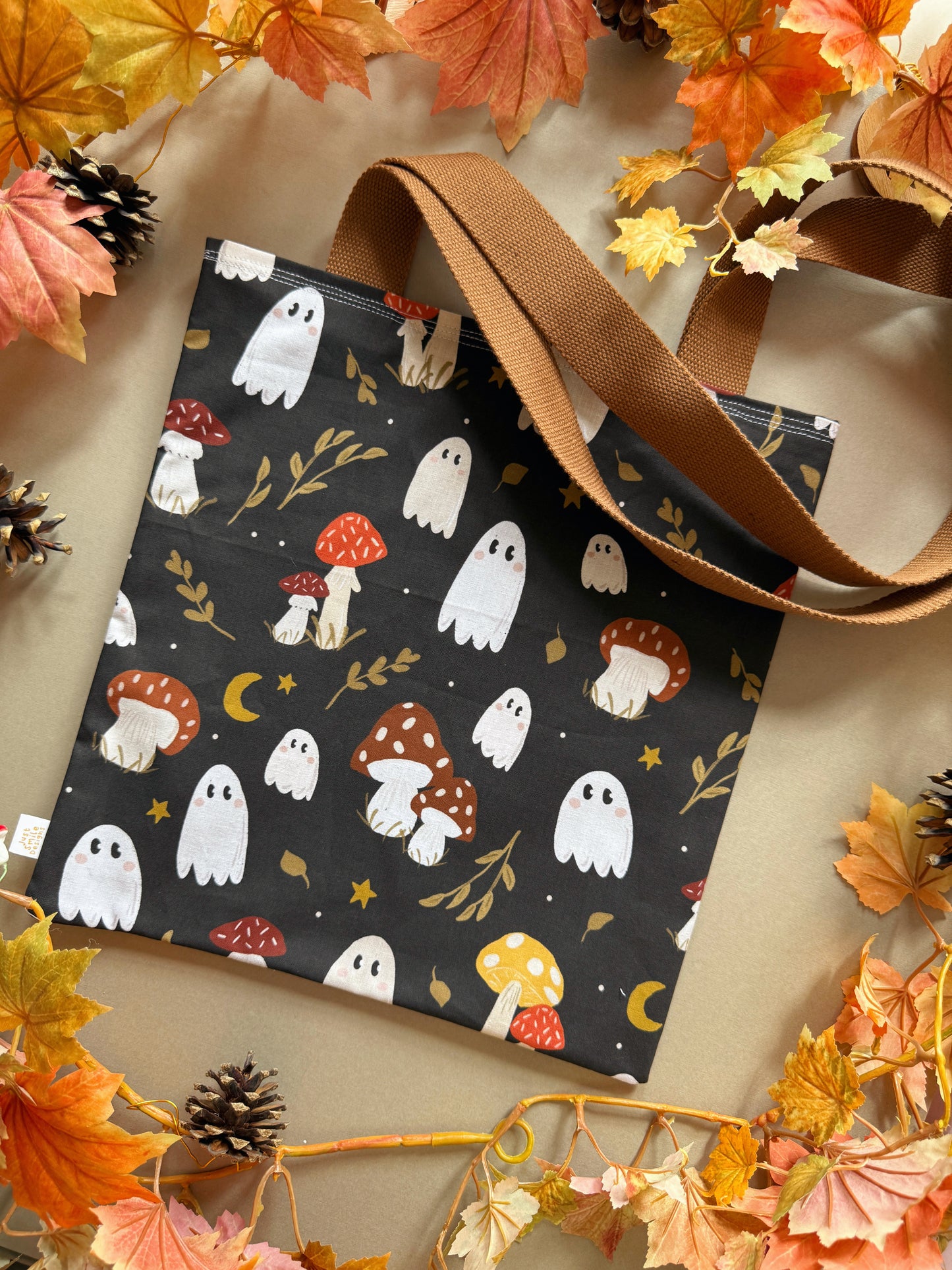 Mushroom Ghosts Fabric Tote Bag - Black