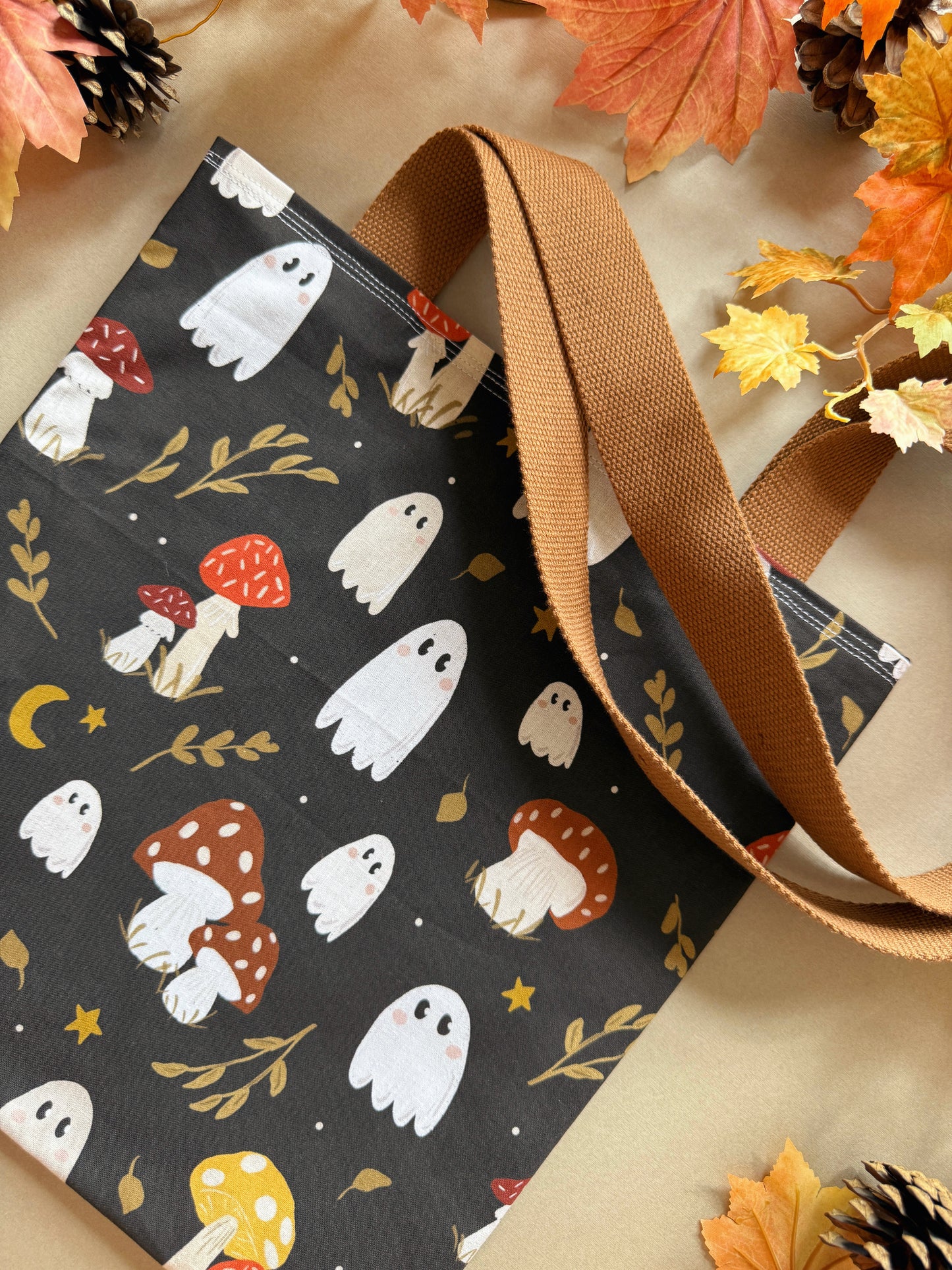 Mushroom Ghosts Fabric Tote Bag - Black