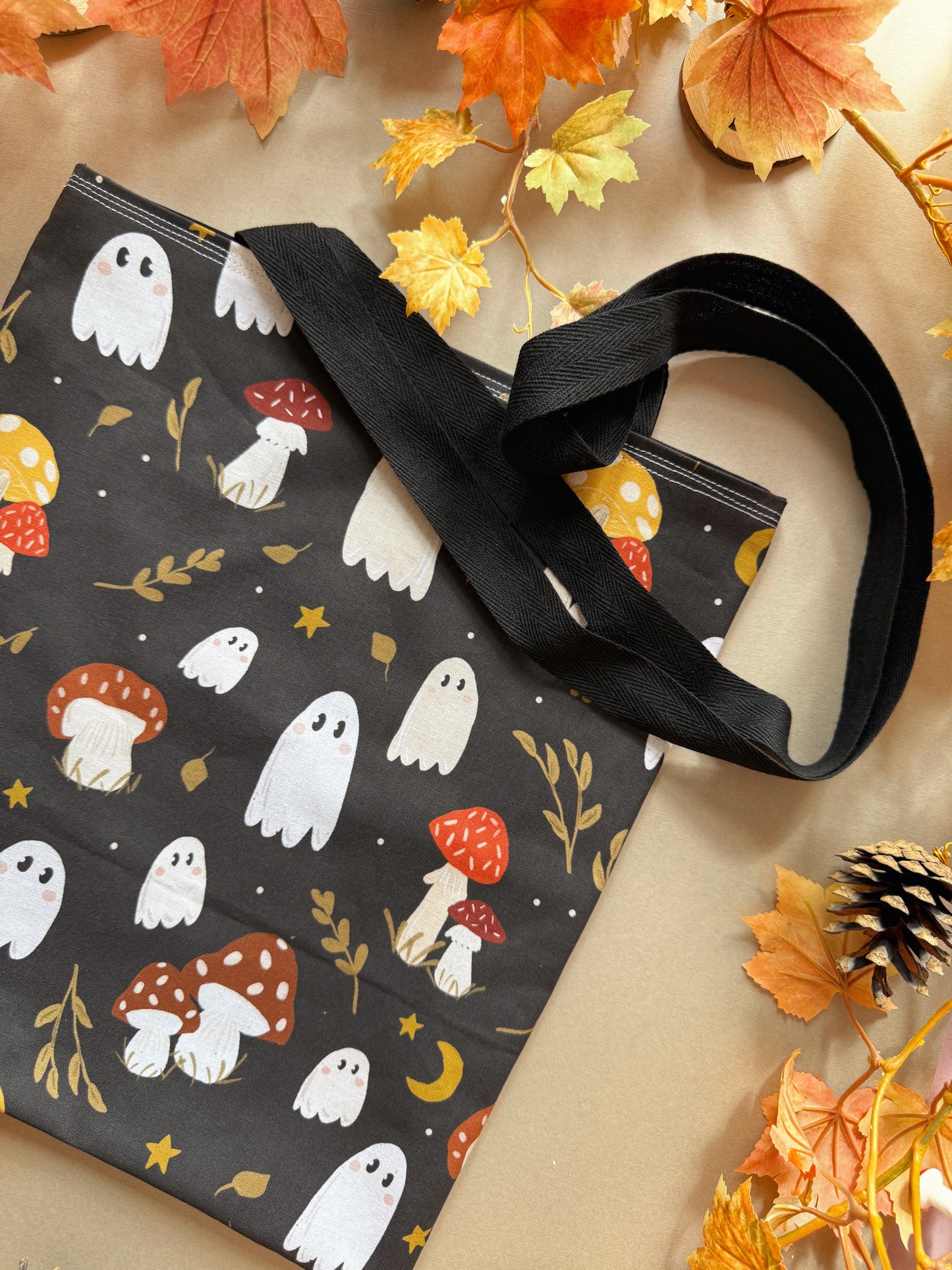 Mushroom Ghosts Fabric Tote Bag - Black