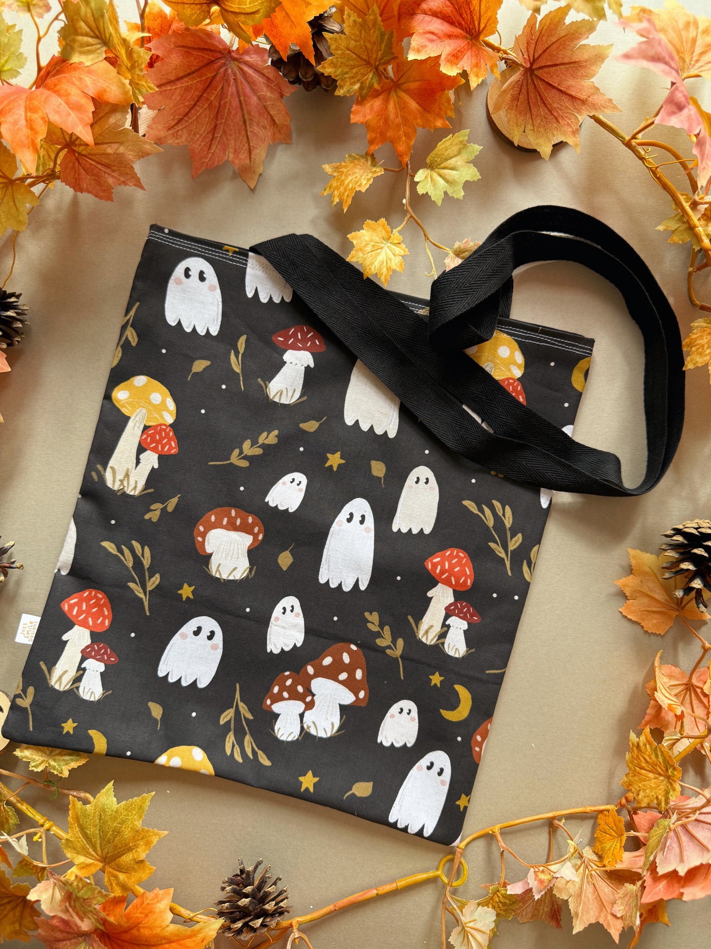Mushroom Ghosts Fabric Tote Bag - Black