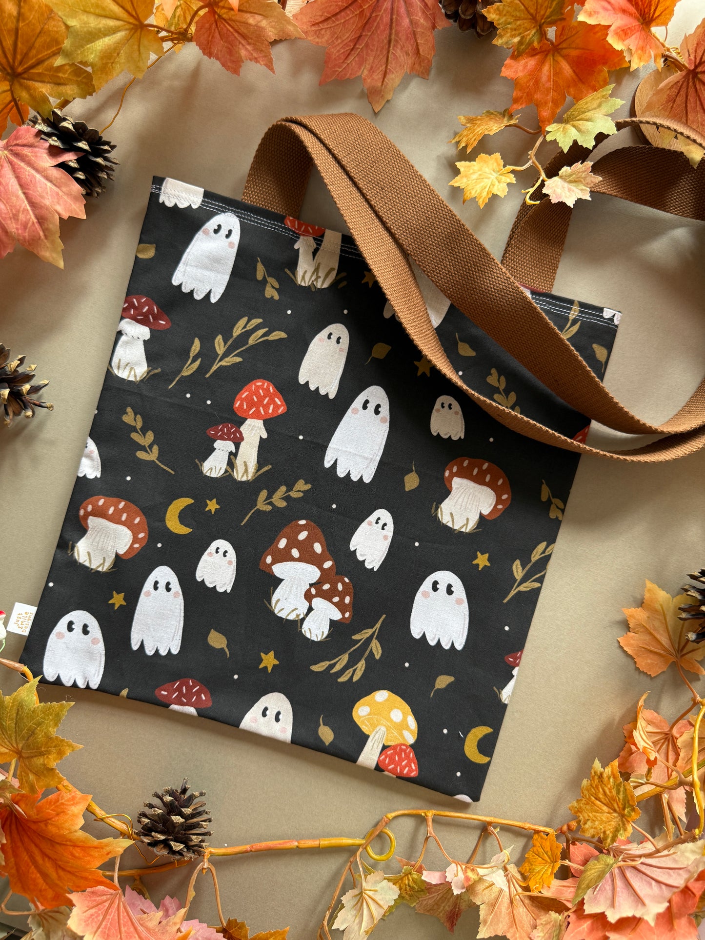 Mushroom Ghosts Fabric Tote Bag - Black