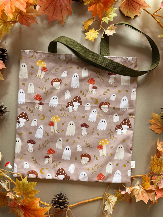 Mushroom Ghosts Fabric Tote Bag - Tan