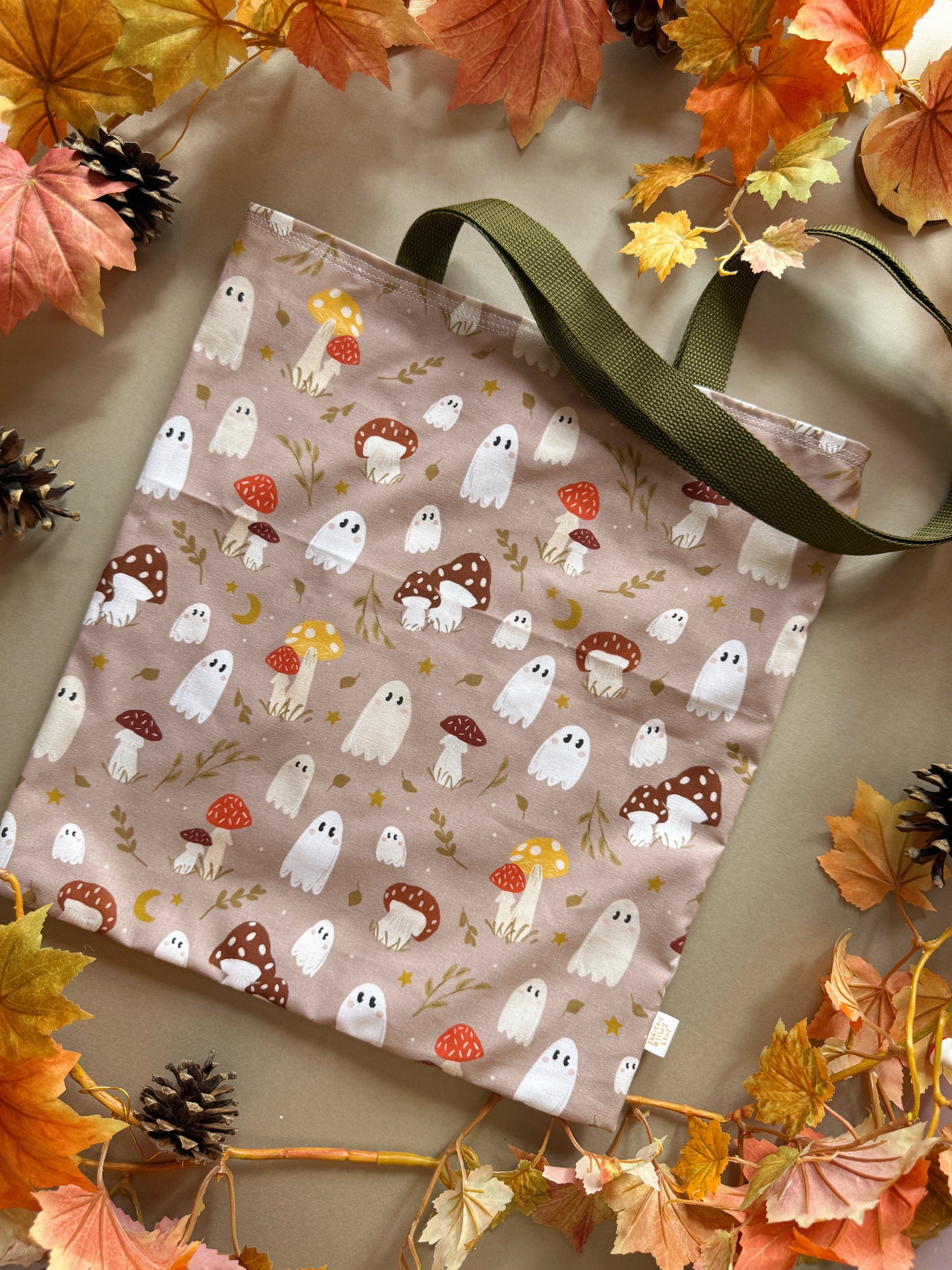 Mushroom Ghosts Fabric Tote Bag - Tan
