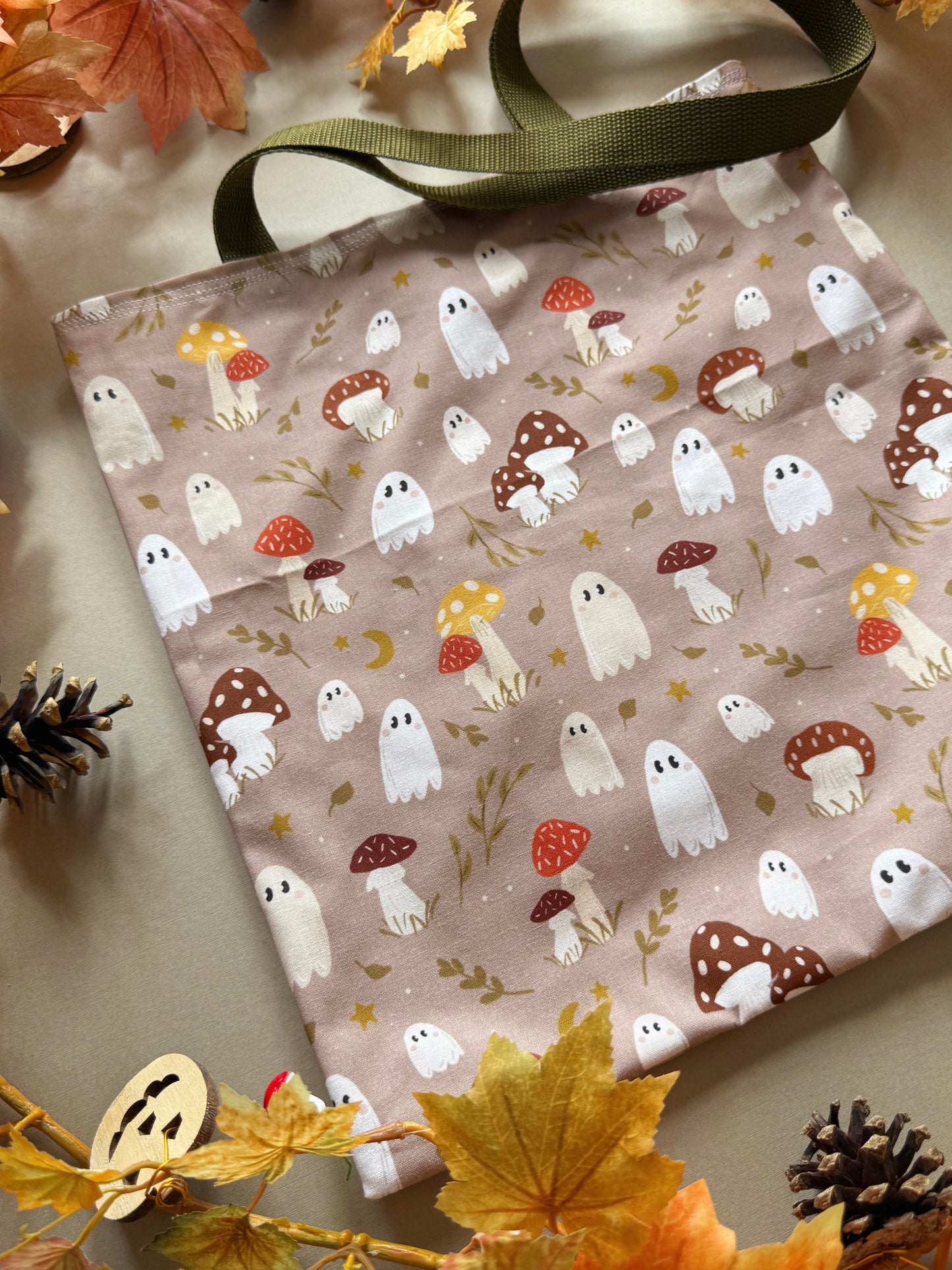 Mushroom Ghosts Fabric Tote Bag - Tan