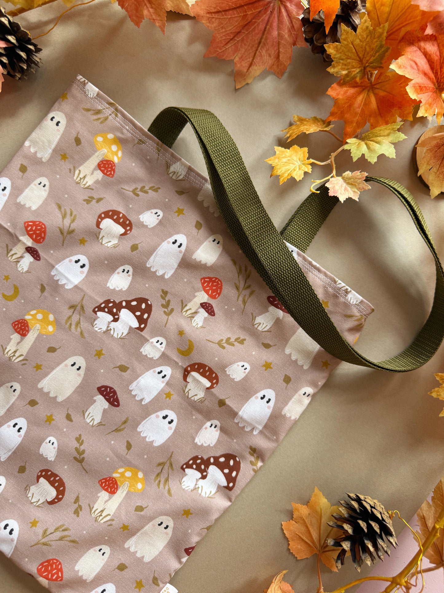 Mushroom Ghosts Fabric Tote Bag - Tan