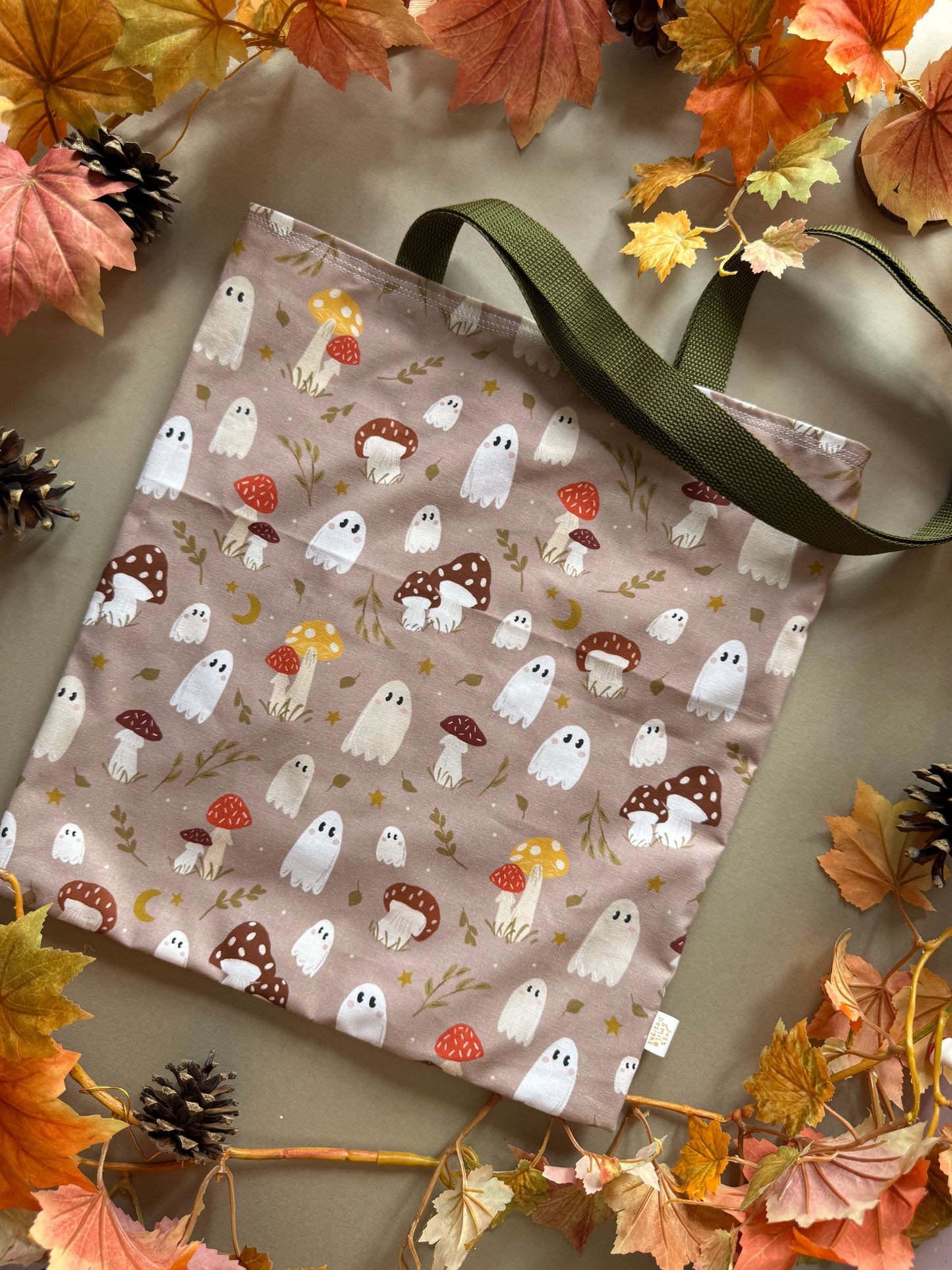 Mushroom Ghosts Fabric Tote Bag - Tan