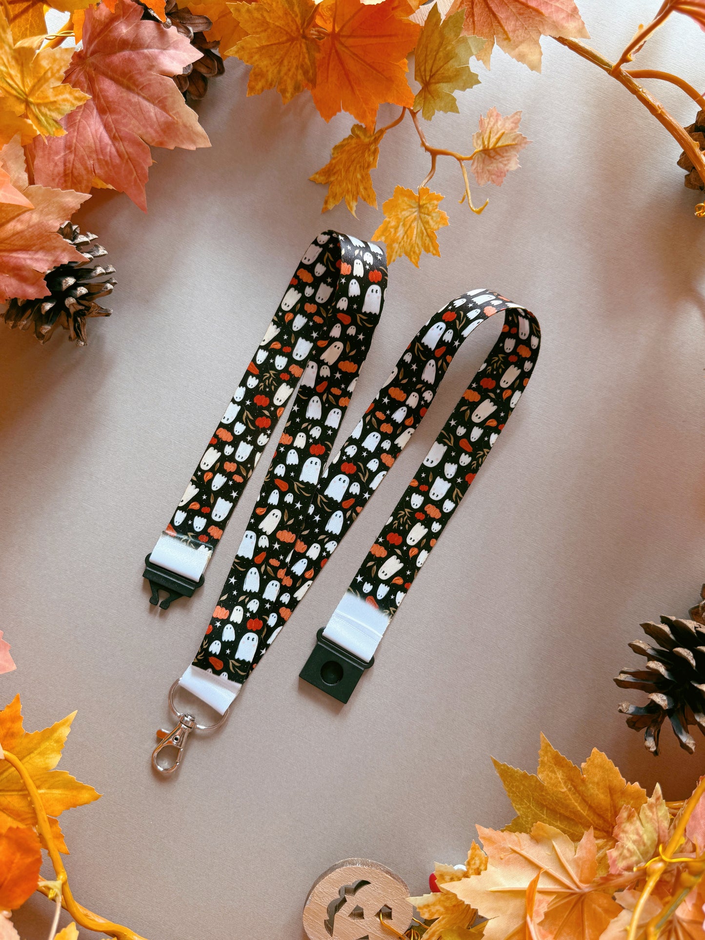 Pumpkin Ghost Lanyard - Black
