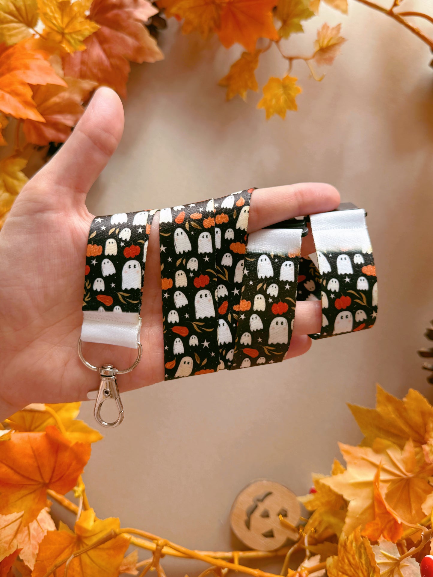 Pumpkin Ghost Lanyard - Black