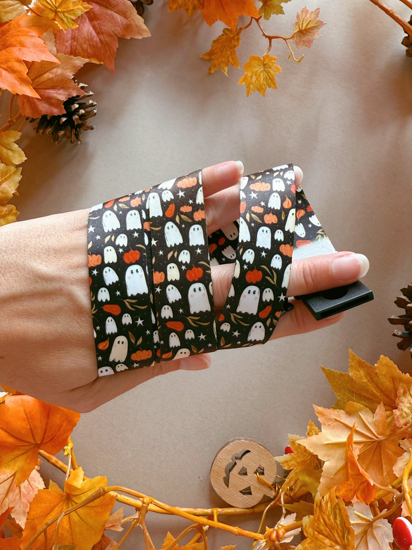 Pumpkin Ghost Lanyard - Black
