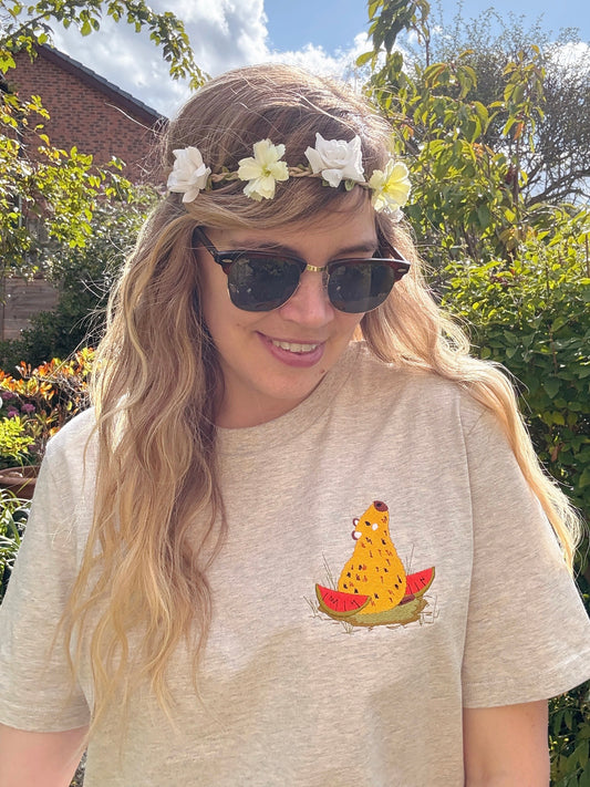 Watermelon Capybara Embroidered T-Shirt - Organic Cotton