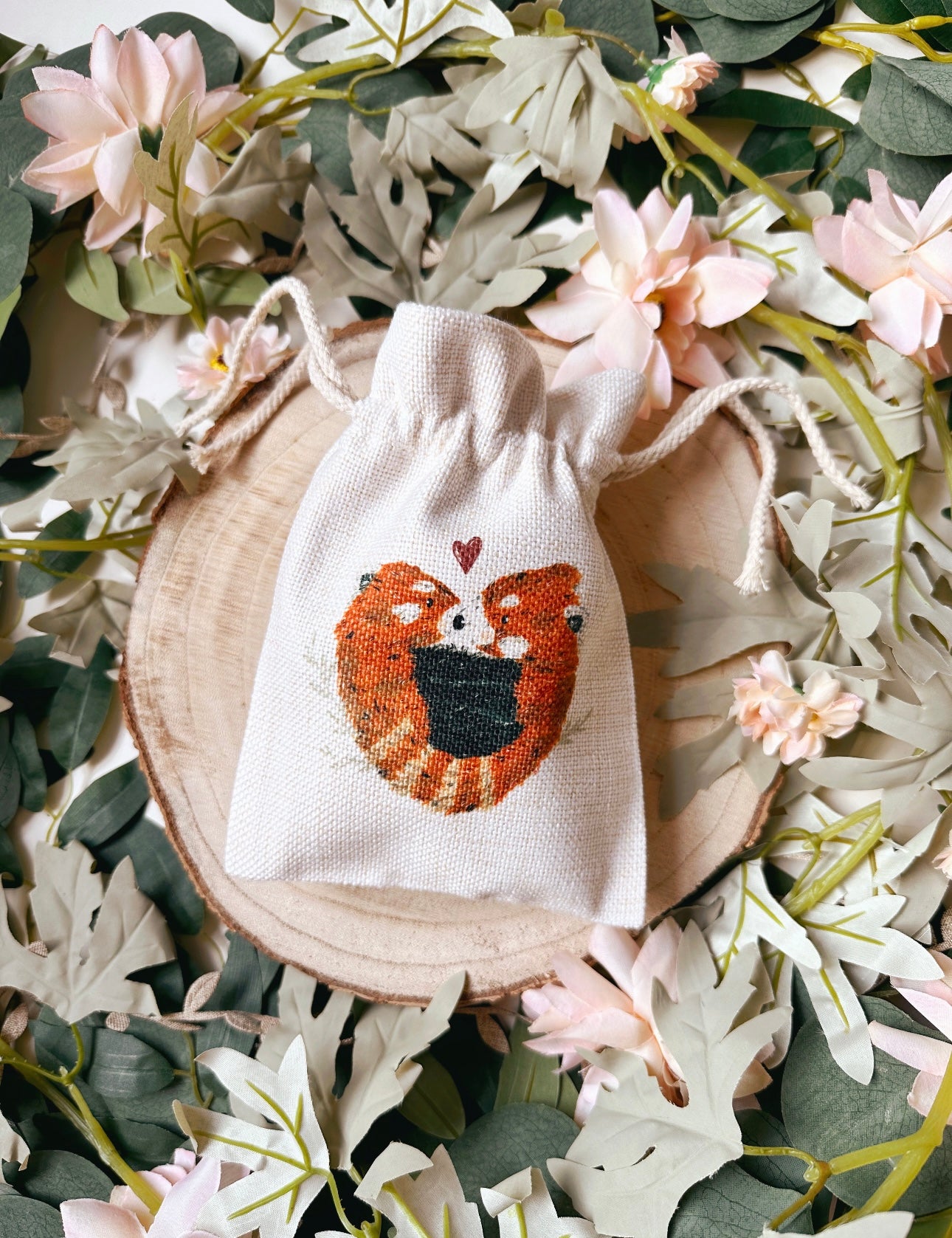 Red Panda Heart Drawstring Bag