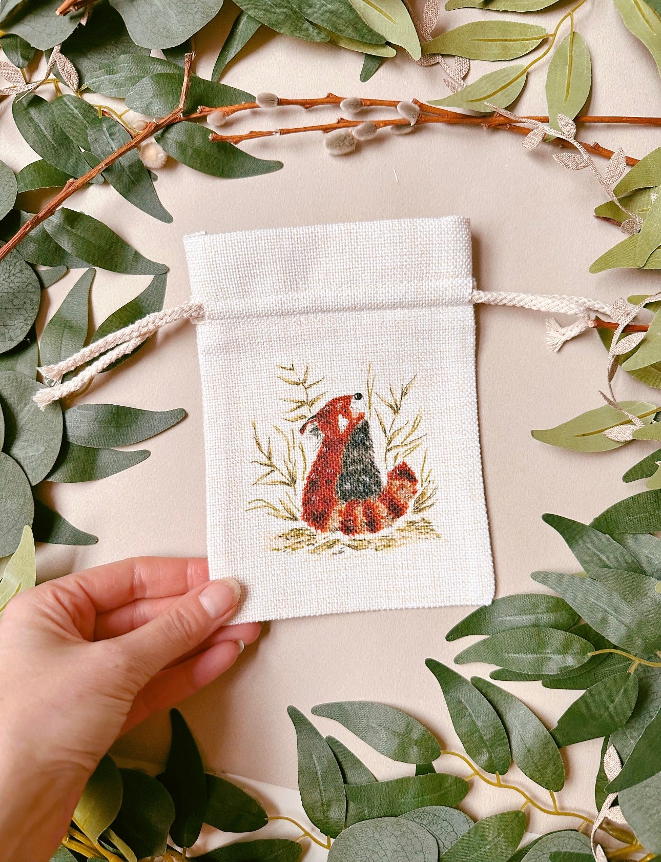 Red Panda Foliage Drawstring Bag