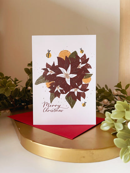 Bee Poinsettia Christmas Card