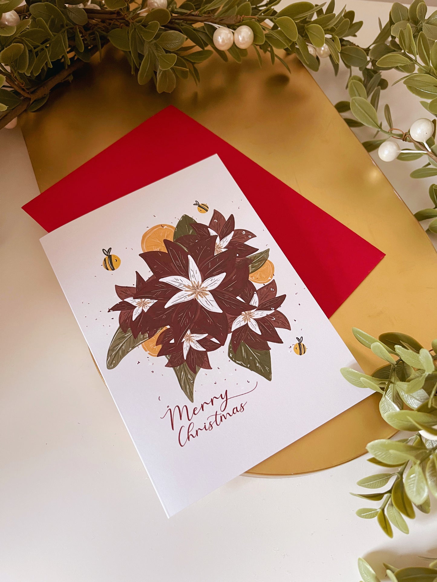 Bee Poinsettia Christmas Card