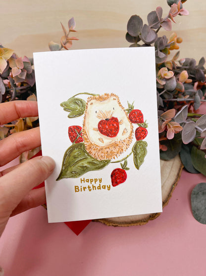 Hedgehog Strawberry Birthday Card