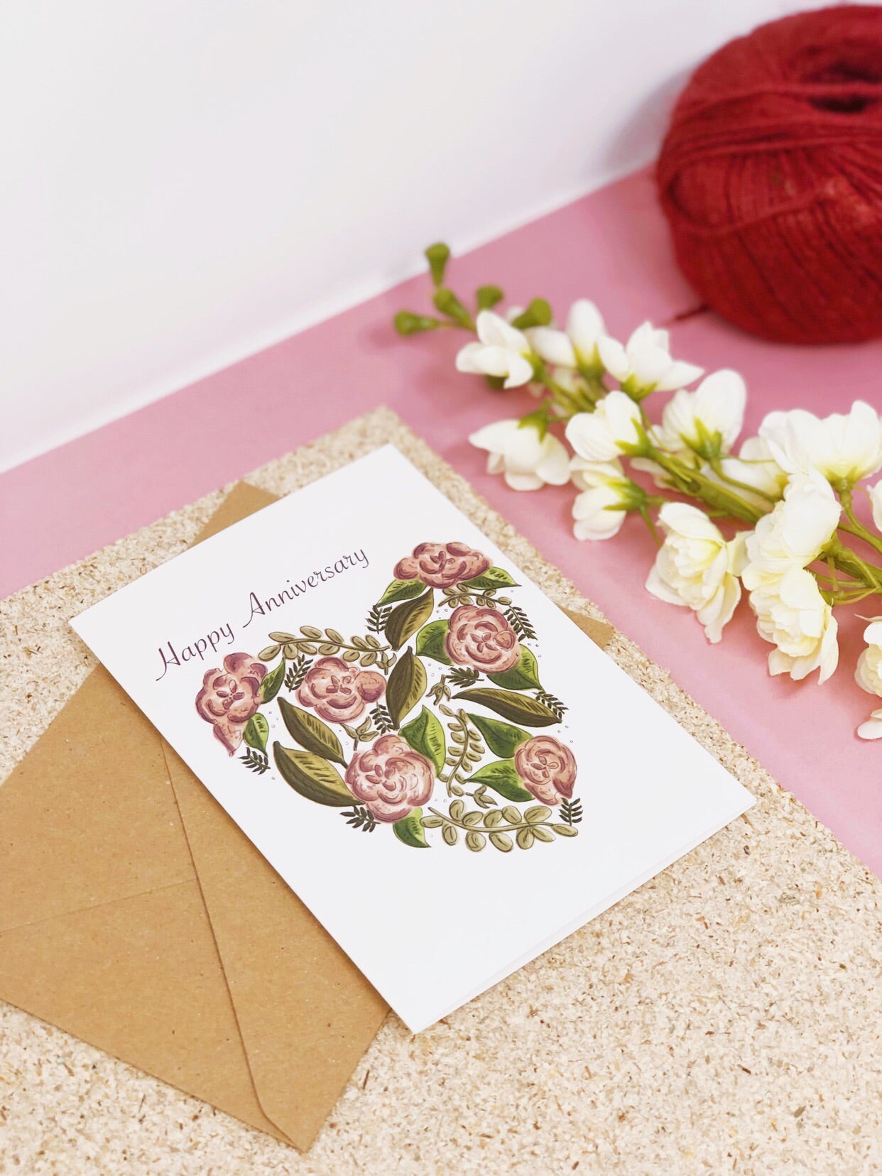 Pink Floral Heart Anniversary Card